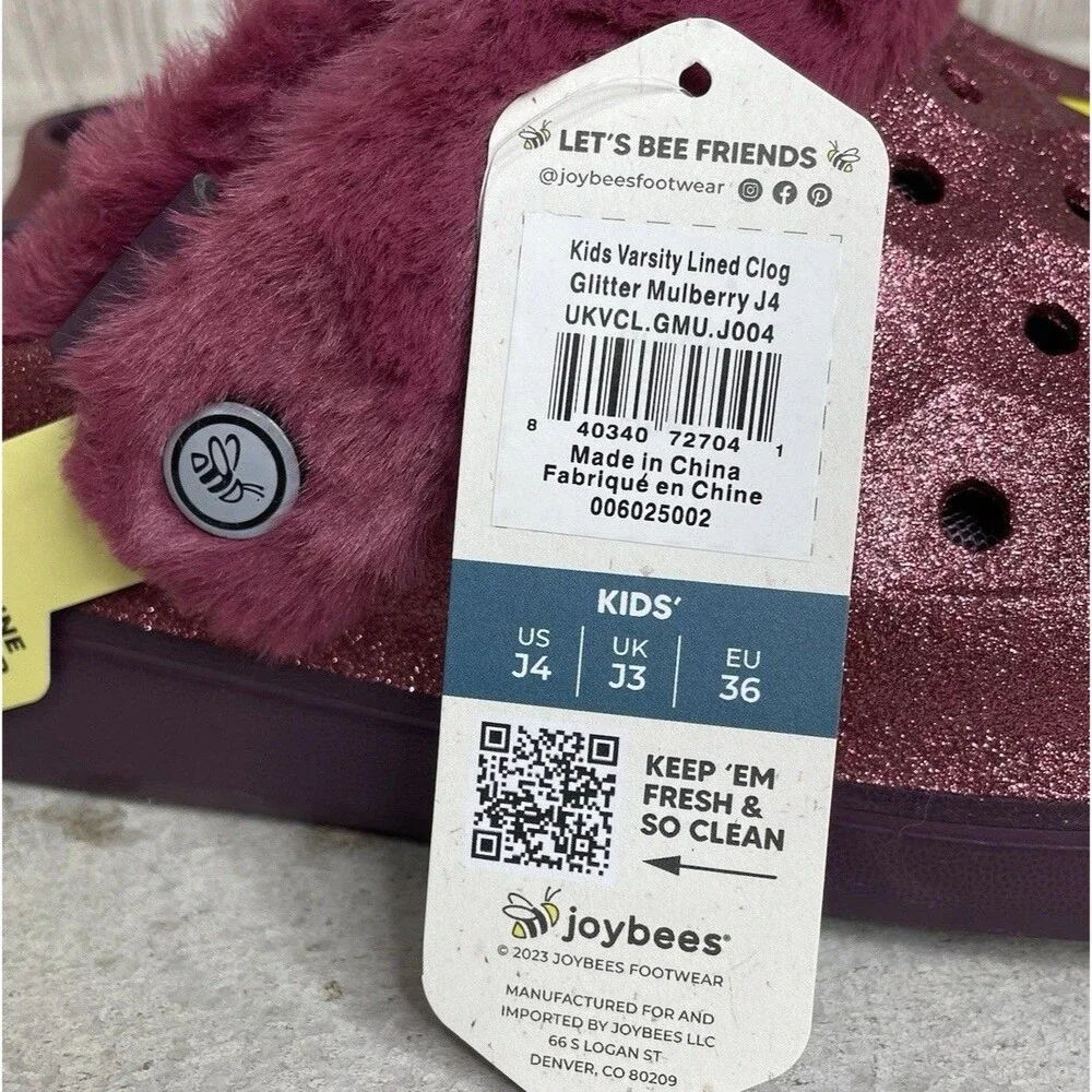 Joybees Varsity Glitter Clog Kids Size J4 Faux Fur Lined Mulberry Popinz Snowman